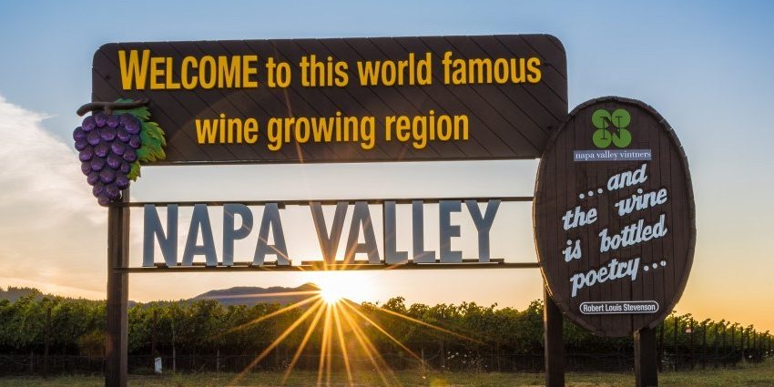 Napa Valley sign at sunset.